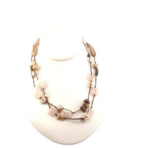 Handmade Multicolor Beaded Necklace With Rose Quartz Pearls & Wood Beads